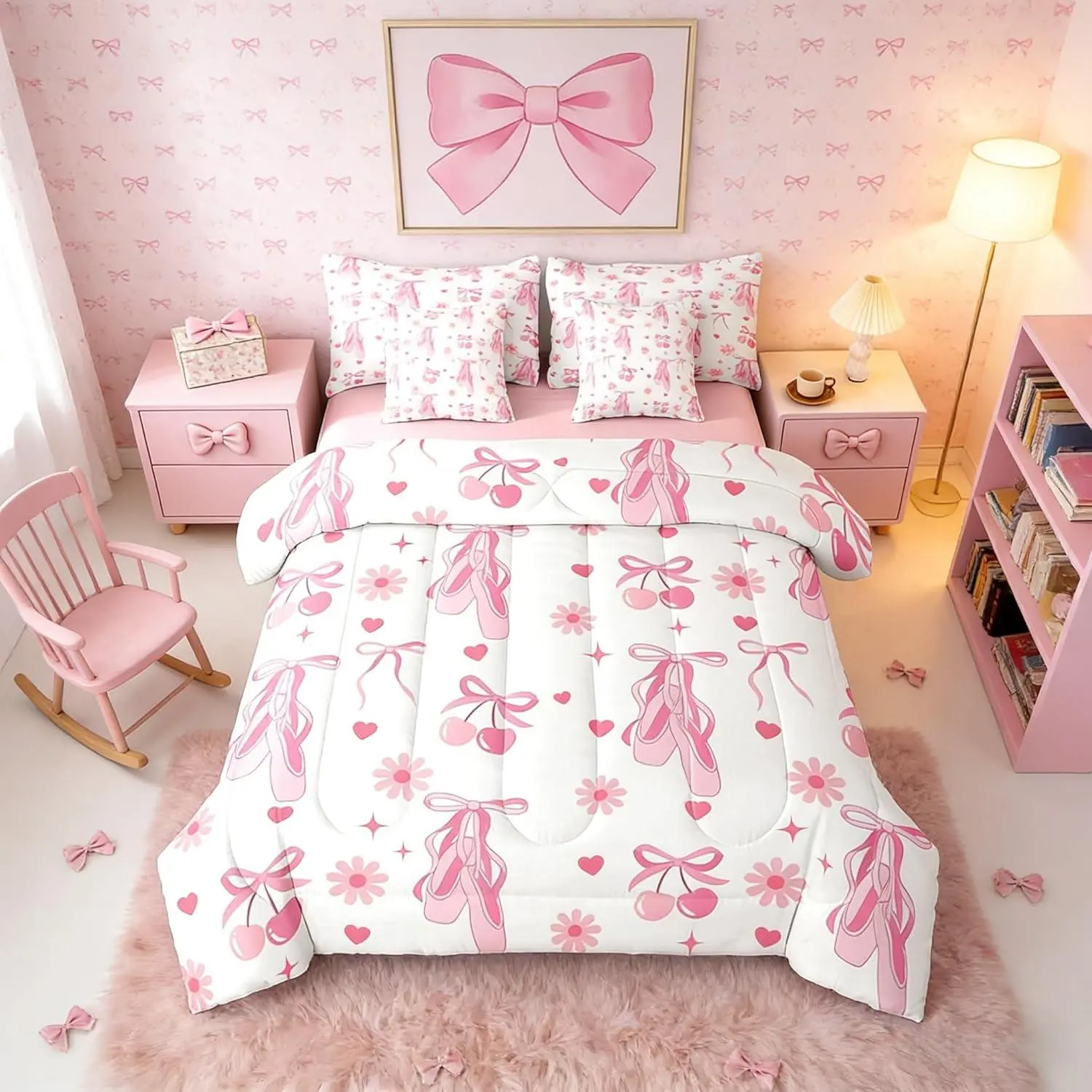 Feelyou 7-Piece Girly Blush Pink Ballet Bow Kawaii Microfiber Bedding Set - Floral Print Comforter, Cherry Daisy Bowknot Sheets, Ribbon Bed Bag, Soft Blanket