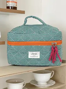 High-End Makeup Bag Storage Handbag, Multi-Functional Large Capacity Portable Cosmetic Organizer, Casual Plaid Pattern, All Seasons Use