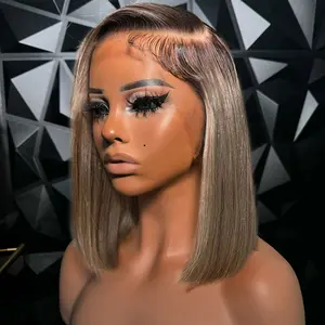 Grey Ash Blonde Brown Root Short Bob Wig Dark Roots Ombre Colored Lace Frontal Wig Human Hair 13x4 Transparent Lace Front Wigs Ombre Ash Blonde Straight Bob Wig Pre Plucked With Baby Hair 180 Density SpringStatements
