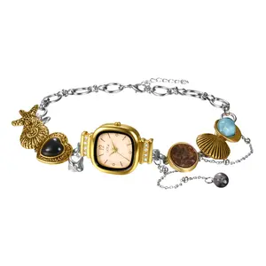OIDEA Women's Ocean-Themed Analog Quartz Watch - Square Dial, Marine Motifs, Seashell & Starfish Imitation Gem Charms, 2-Tone Gold-Silver Adjustable Stainless Steel Chain Necklace Watch
