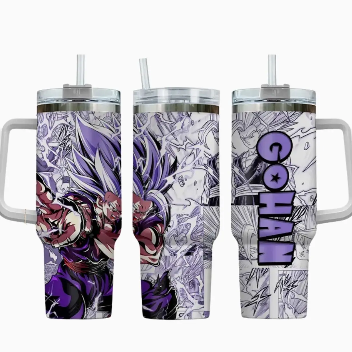 Gohan Beast Inspired 20oz/30oz/40oz Stainless Steel Tumbler with Handle – Double Wall Vacuum Insulated Travel Mug, Leak-Resistant Coffee Cup, Reusable Anime Fan Gift