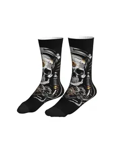 Men Black Background Steampunk Gear Skull Engine Part Mid Calf Print Socks Dark Industrial Streetwear Socks