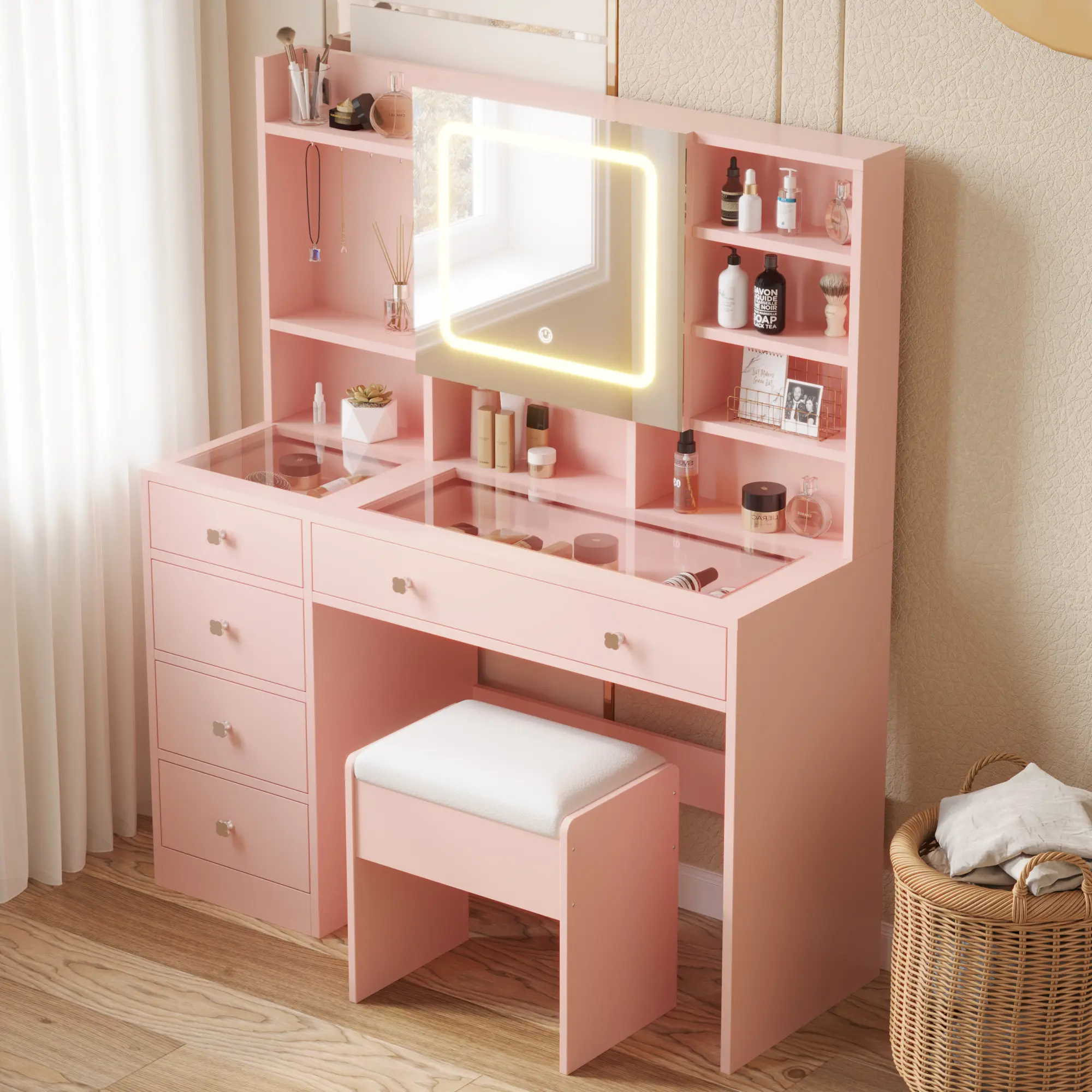Ktaxon Large 47.2" Makeup Vanity with 3 Color Lights, Vanity Desk with USB Charging Station, Vanity Makeup Table with Visible Drawers, Hidden and Open Storage Shelves, Five Colors