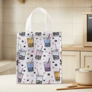 Portable Lunch Bag with Milk Tea Pattern, Women's Casual Handbag, Large Capacity Picnic Food Drink Bag, Camping Student Snack Bag