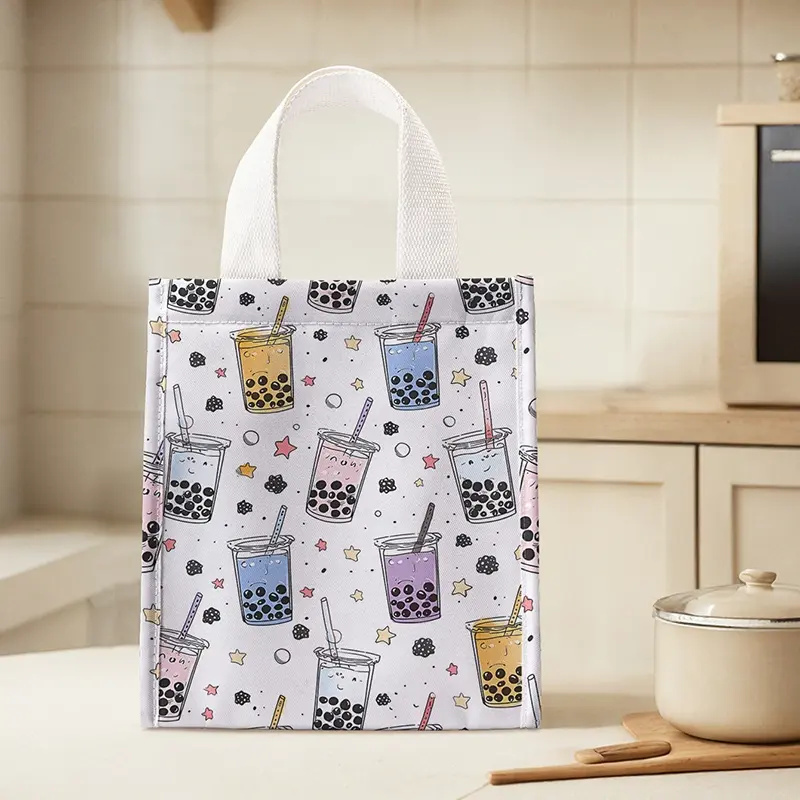 Portable Lunch Bag with Milk Tea Pattern, Women's Casual Handbag, Large Capacity Picnic Food Drink Bag, Camping Student Snack Bag