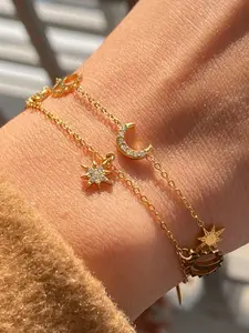 Bohemian-Style 18k Gold Stainless Steel Waterproof and Anti-Allergy, Diamond Moon Star Tassel Pendant Bracelet, Personalized Design Accessory for Women, Bracelet with Pendant