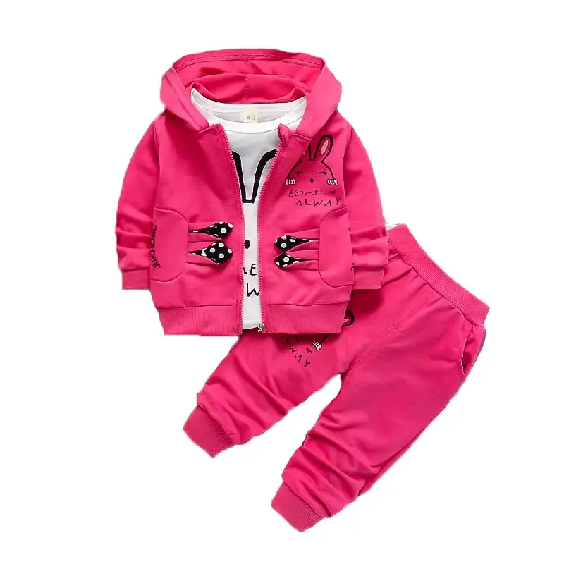 Spring and Autumn Girls' Fashion Zipper Rabbit Cardigan Long Sleeve Three Piece Set