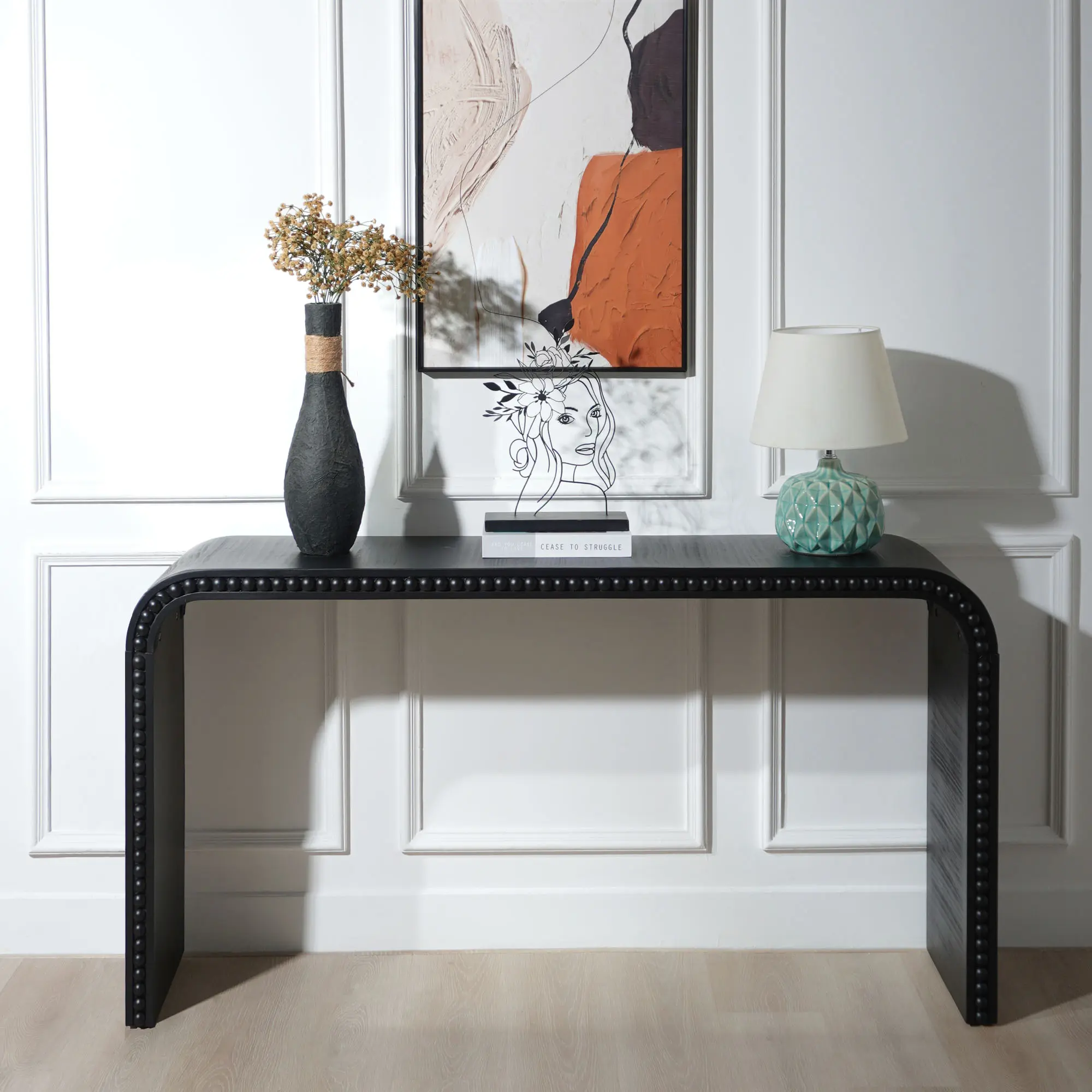 59in Black Wood Console Table with Curved Waterfall Style and Wood Beads, Entryway Table for Hallway, Living Room, Foyer, Corridor, Office, Modern Entrance Table, 1-Pack, Living Room Table for Sofa Side, Bedroom, Office, Apartment and Home Decor