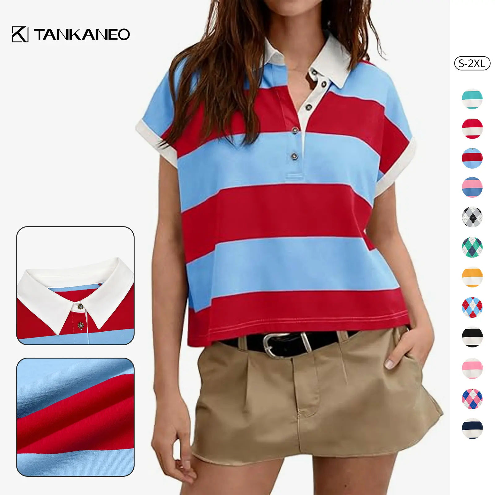 Tankaneo Womens Striped Polo Shirts Summer Short Sleeve Rugby Shirt Oversized Cotton Collared Casual Loose Cropped Tee Tops Outfits Shortsleeve