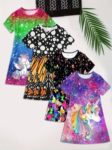 Colorful Girls Dress Set with Butterfly and Unicorn Elements, Cute Fitted Style for Dreamy Summer Days, Moderate Thickness Kint Fabric