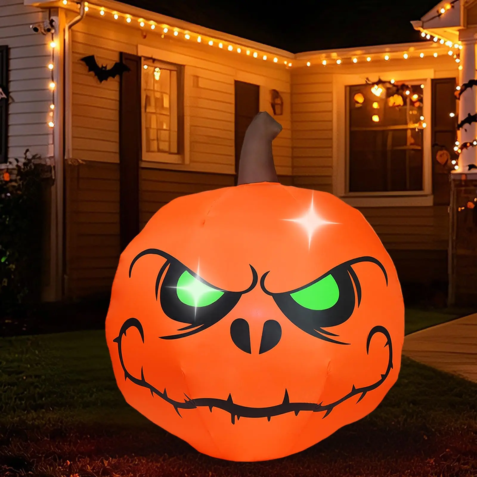 4 FT Polyester Halloween Inflatable Pumpkin - Glowing Green Eyes Pumpkin Face, Built-in LED Lights, Blow-Up Novelty Decor for Lawn, Porch, Outdoor/Indoor Halloween Parties