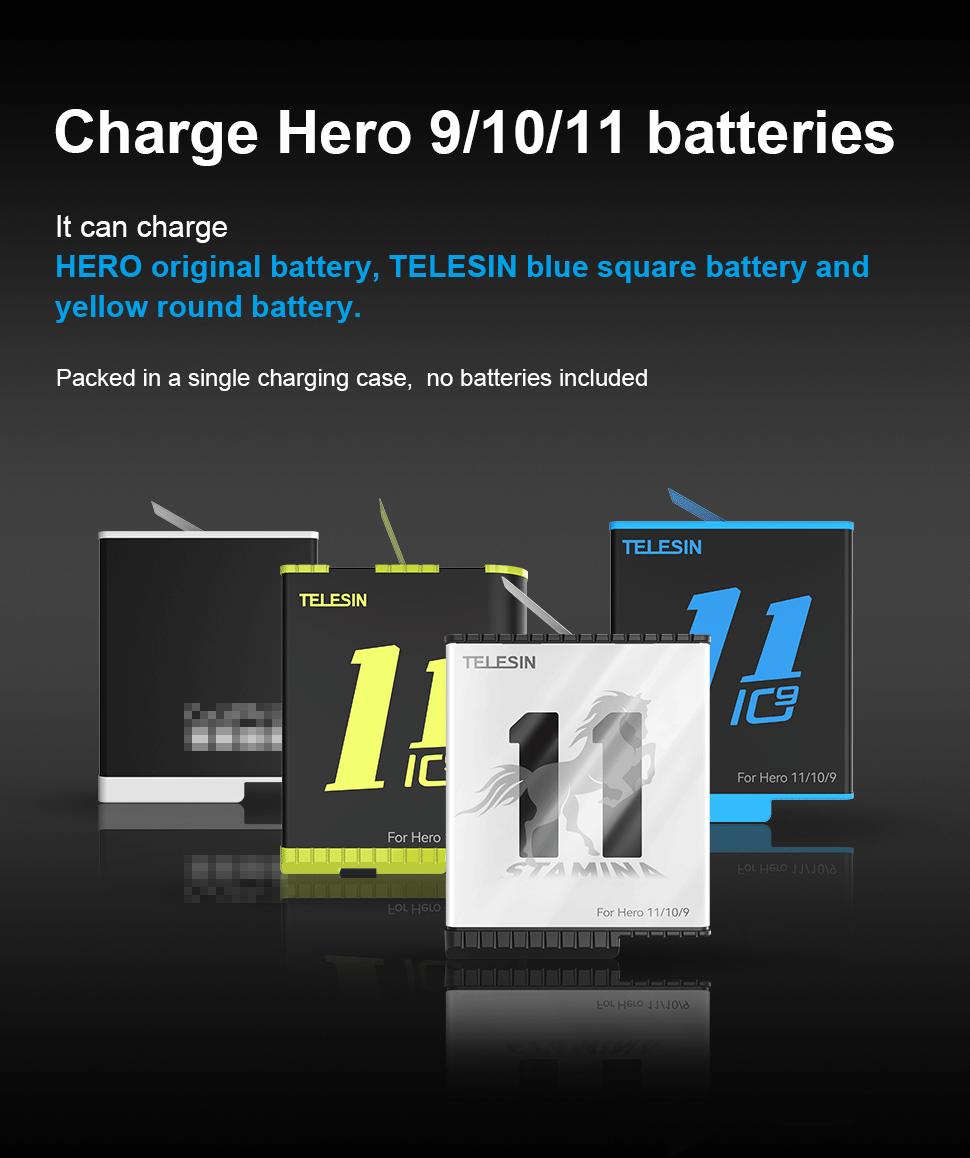 TELESIN 3-Channel Battery Charger for GoPro Hero 11/10/9, Portable Charging Case with 4-LED Power Display, Supports Enduro Battery & TF Card Storage Chargeable