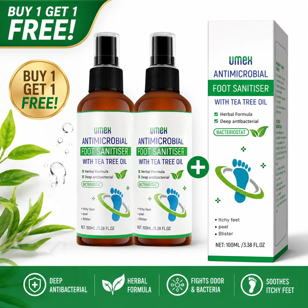 Umex Buy 1 Get 1 FREE Tea Tree Foot Spray | Eliminates Foot Odor & Soothes Dry Heels | Repairs Cracked Skin Fast | Fast-Absorbing Foot Care Spray 100ml | Summervibes summerwins