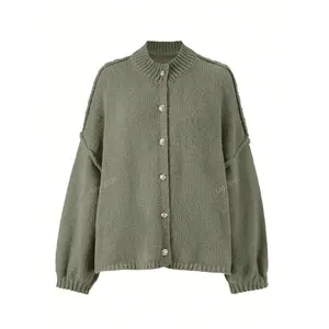 2025 Women's Autumn/Winter Green Sweater Fashion New Style - Casual Loose Fit Knitted Cardigan with Metal Buttons, Long Sleeve Sweater Coat Fabric Knitwear