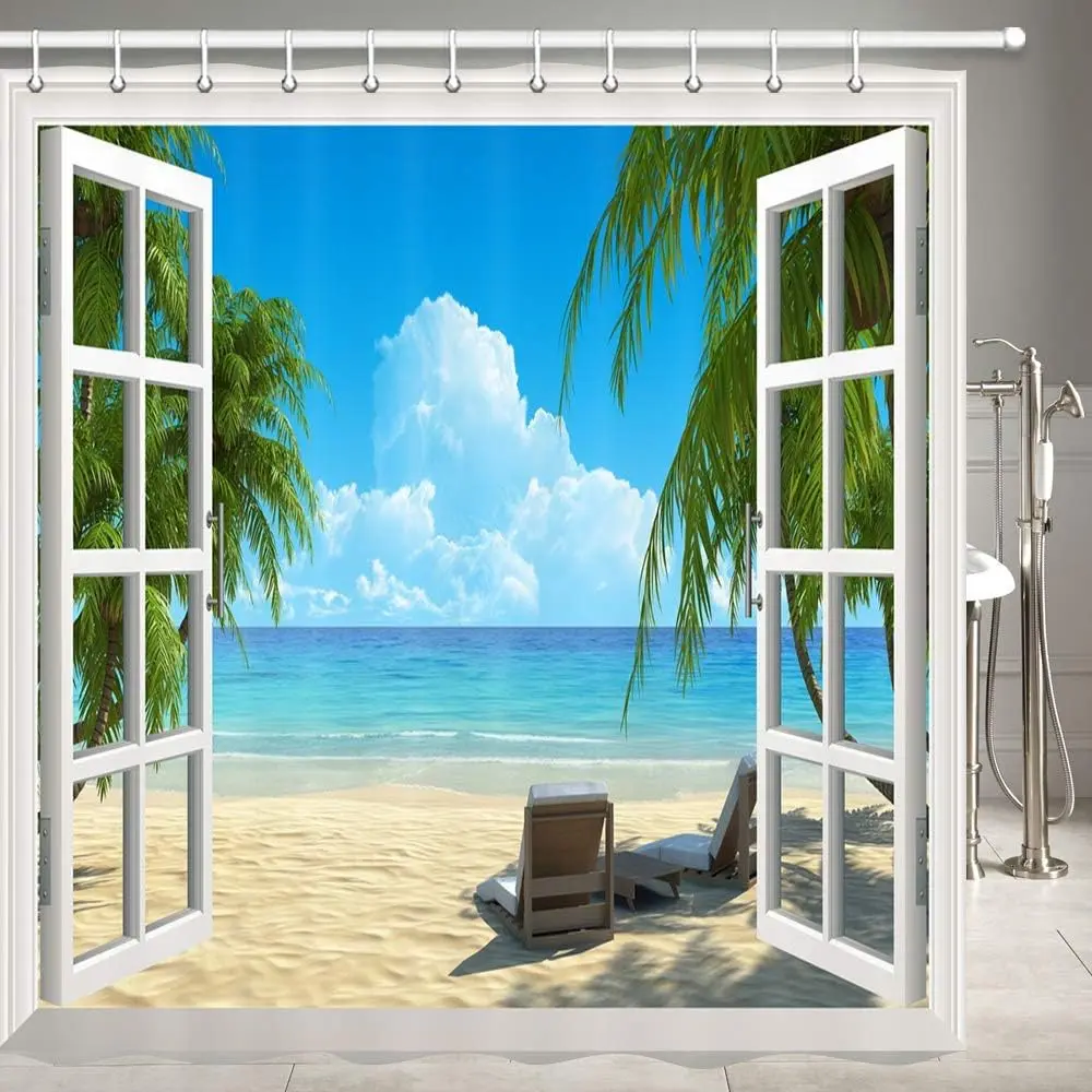 Garden Shower Curtain, Palm Tree Decor Ocean Beach Seascape Through White Wooden Windows Summer Scene Tropical Island Blue Green, Waterproof Cloth Fabric Bathroom Decor with Hooks