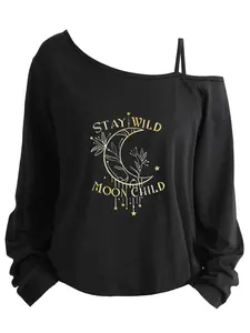 Plus Size Women's Loose-Fit Long Sleeve Cami Top, Asymmetrical Neckline, Letter Print, All Seasons, Sizes 1-8xl