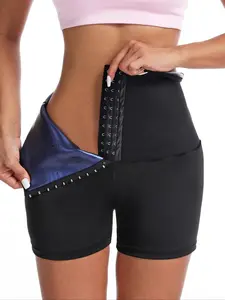 Women's Solid Hook And Eye High Waist Sauna Shorts, Solid Color Shaper, Tummy Control Waist Trainer For Women Workout Gym Sports