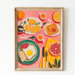 1pc, Wall Arts, Vintage Posters, Breakfast Flat Lay Food On The Dining Table Wall Art |   Sunny Side Up Kitchen Art Prints Foodie Gifts Colorful Tea And Waffles Poster, Unframed