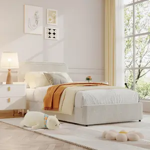 Boucle Upholstered Bed Frame with Headboard & 2 Storage Drawers, No Box Spring Needed