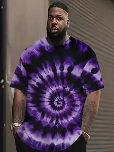 Men's Plus Size 3D Tie Dye Print T-Shirt, Blue Swirl Vintage Casual Streetwear Short Sleeve Round Neck, Comfortable Loose Fit Summer Fashion Menswear