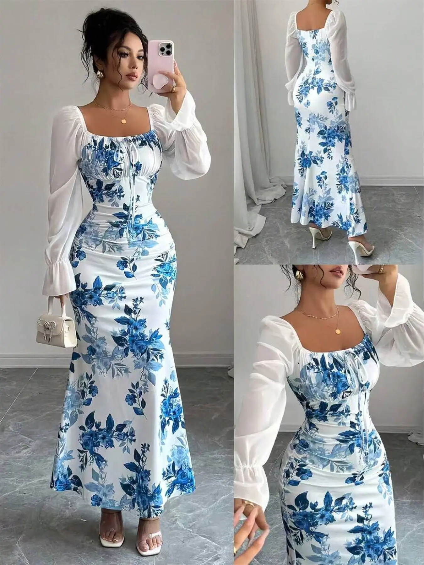 New Women's Square Neck Bow Chiffon Lightweight Bubble Sleeve Floral Dress, Elegant Feminine Slimming Waist Long Dress for Dating, Parties, Daily Wear, Casual Wear, Womenswear