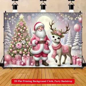 2D Flat Printing Backdrop Banner 1pc, Merry Christmas Scene In Pink Vibrant Polyester Background Cloth for Family Party, Wedding, Birthday, Christmas, Thanksgiving, Fall, Entryway, Room Decorations, Easy to Set Up, Reusable