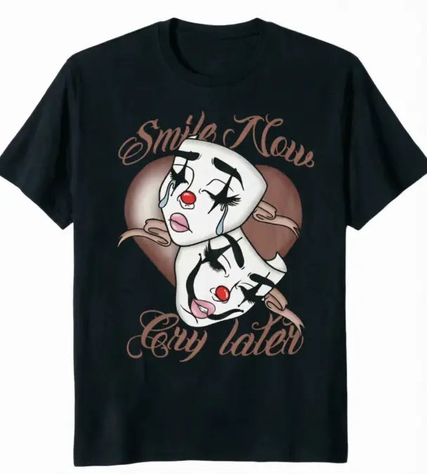Smile Now Cry Later Chicano Clown Masks Heart Graphic Unisex Tee Street Hangout Car Meet Summer Cotton Short Sleeve Retro Heat Transfer Tshirt