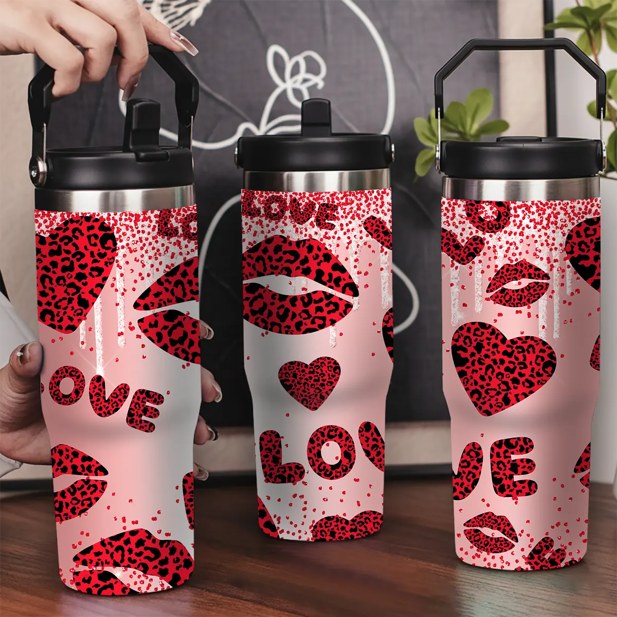 30oz Stainless Steel Insulated Water Bottle - Leak-Proof Lid, Portable Handle, Love & Lips & Hearts Pattern, Long-Lasting Hot/Cold Insulation, Personalized Drink Tumbler for Her, Valentine's Day Gift, Water Bottles