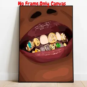 Black Girl with Gold Teeth Pattern Canvas Painting, Unframed Art Print, Modern Wall Art, Wall Art Decor for Home Living Room Bedroom, Ornaments