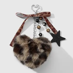 1 piece sweet and cool retro fashion accessory: brown plush leopard-print ribbon bow with CCB acrylic glitter mirror star decorations; DIY keychain/bag charm; suitable for girls’ everyday wear; ideal as a holiday gift.