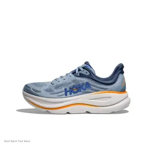 Low-Profile Running Shoes with Light Blue Knit Upper and Orange Accent Midsole
