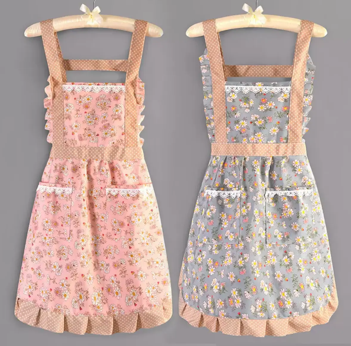 Women’s Cute Ruffled Canvas Apron - Comfortable, Breathable, Fixed Neck Strap, Adjustable Waist Ties, Large Pockets, for Kitchen & Craft Use, aprons with pockets