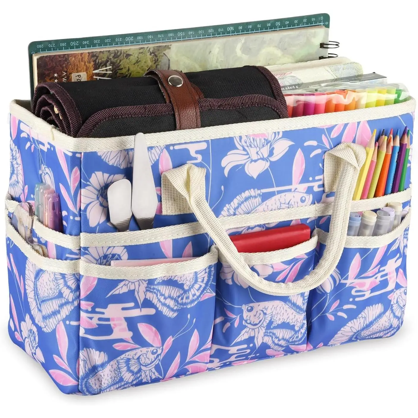 Craft Organizer Tote Bag with Multiple Pockets, Large Art Storage  with Handles for Art, Craft, Sewing, Make-up,Scrapbooking, , and Office Supplies Storage.Blue Fish