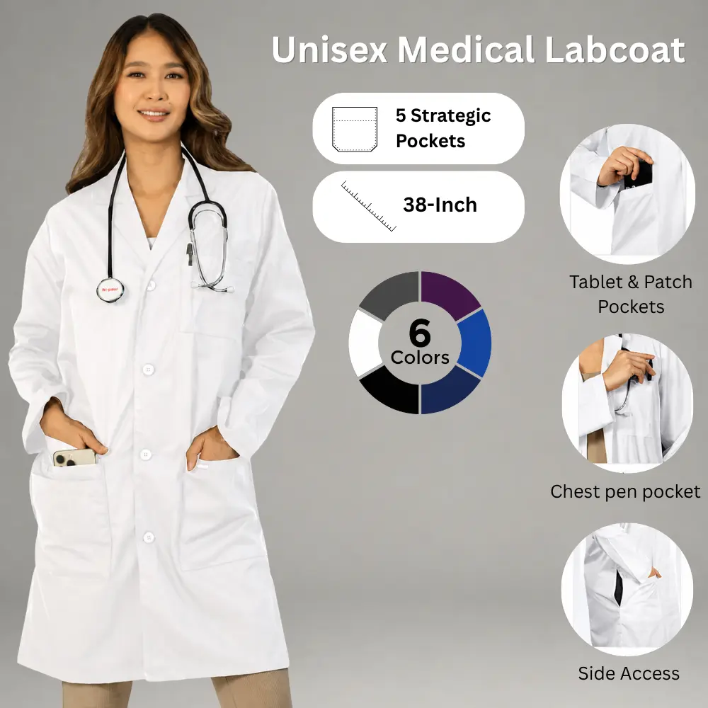 HEEDFIT Premium Women's Basic Medical Lab Coat Workwear - Soft, Breathable, Peach-Feel Polyester-Cotton Fabric, Smooth Texture, 5 Spacious Pockets, Reusable Doctor Uniform