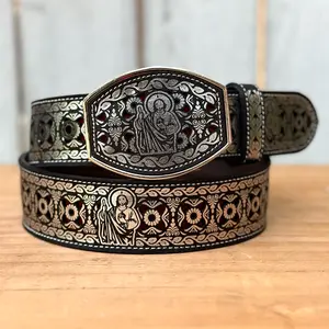 Silver “San Judas” Leather Belt with Metal Buckle