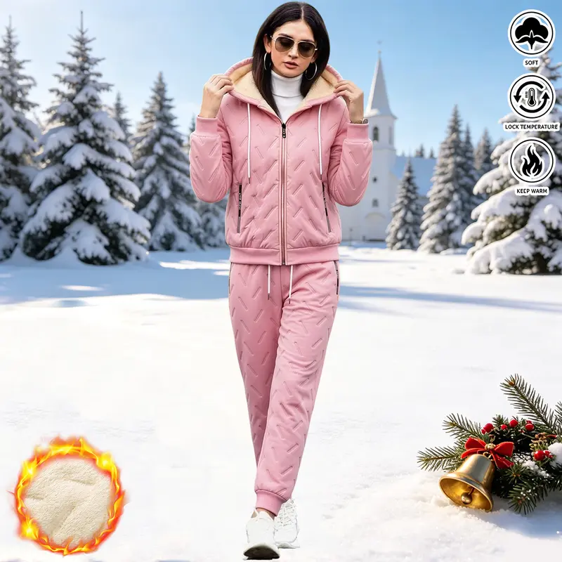 Women’s warm set, women’s fleece-lined thick hooded jacket with extended pants, solid color, warm and comfortable, suitable for commuting and everyday wear, women’s set, women’s fleece-lined thick set, womenswear