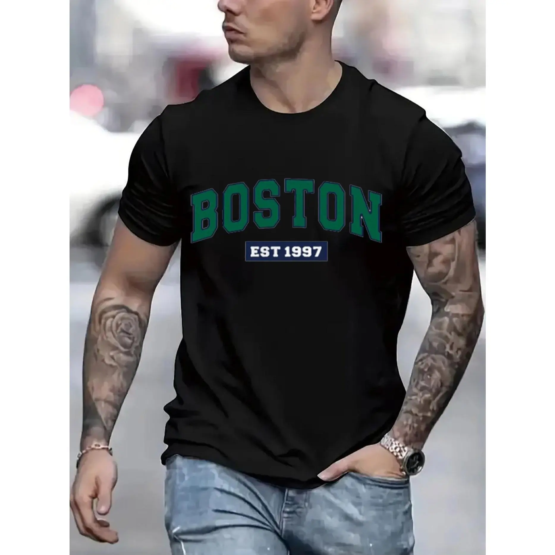 Men's 1997 Boston Graphic Print Short-Sleeve Crew Neck Tee, 1 Pcs 100% Heavy Cotton Fabric - Seamless, Smooth Menswear Casual Sports Top