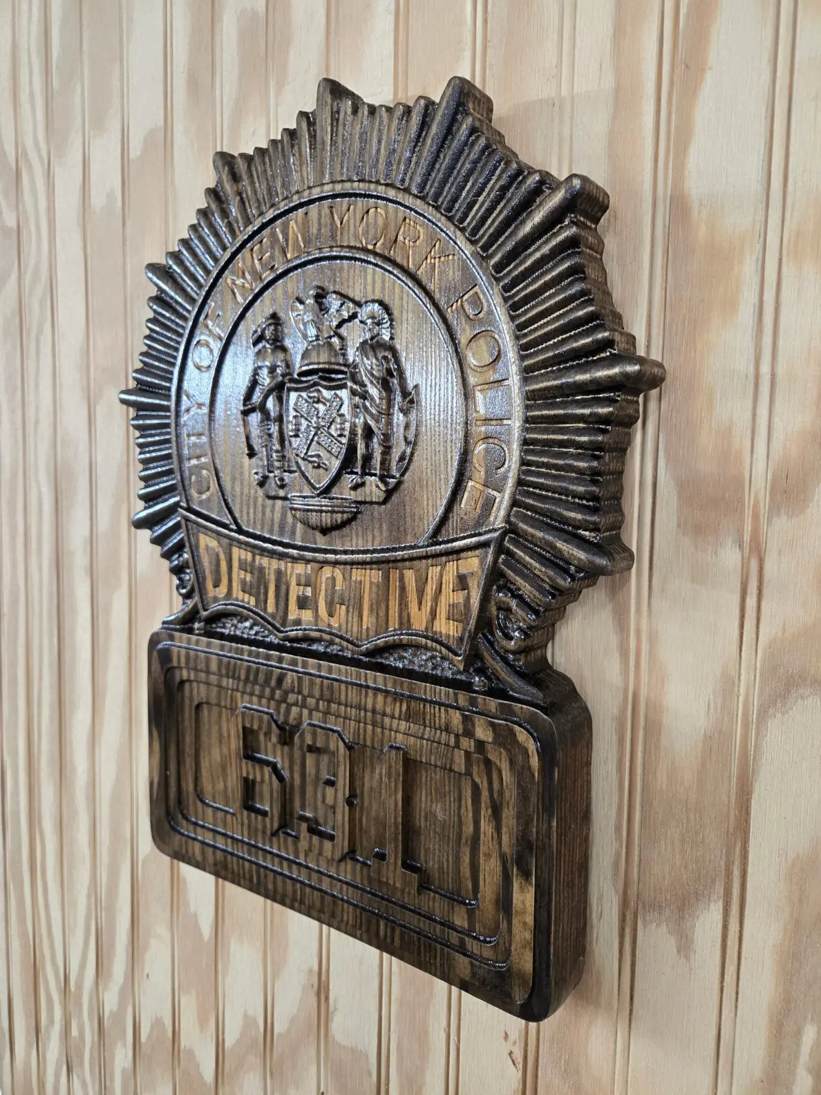 Custom NYPD Detective Badge 3D V Carved Wood Sign