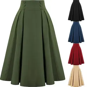 Women's Vintage High Waist Pleated Midi A-Line Skirt with Pockets