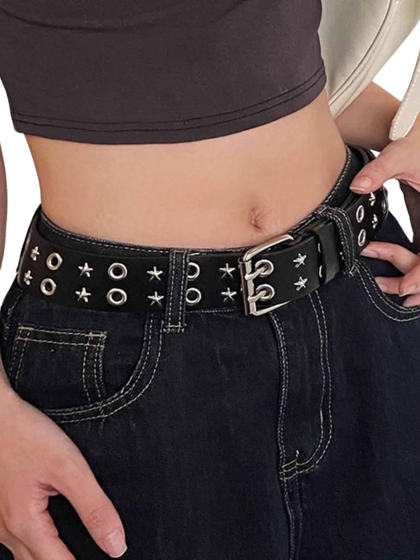 Punk Rivet Star Buckle Belt Unisex, Punk Style Belt, Rivet Decorated Belt, Dual-Row Leather Strap for Jeans Decoration, Stylish Accessory for Men and Women
