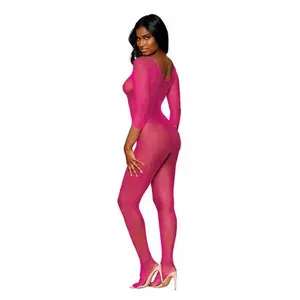 Tap to zoom     Dreamgirl Three-Quarter Sleeve Fishnet Bodystocking Open-Crotch Neon Pink O/S