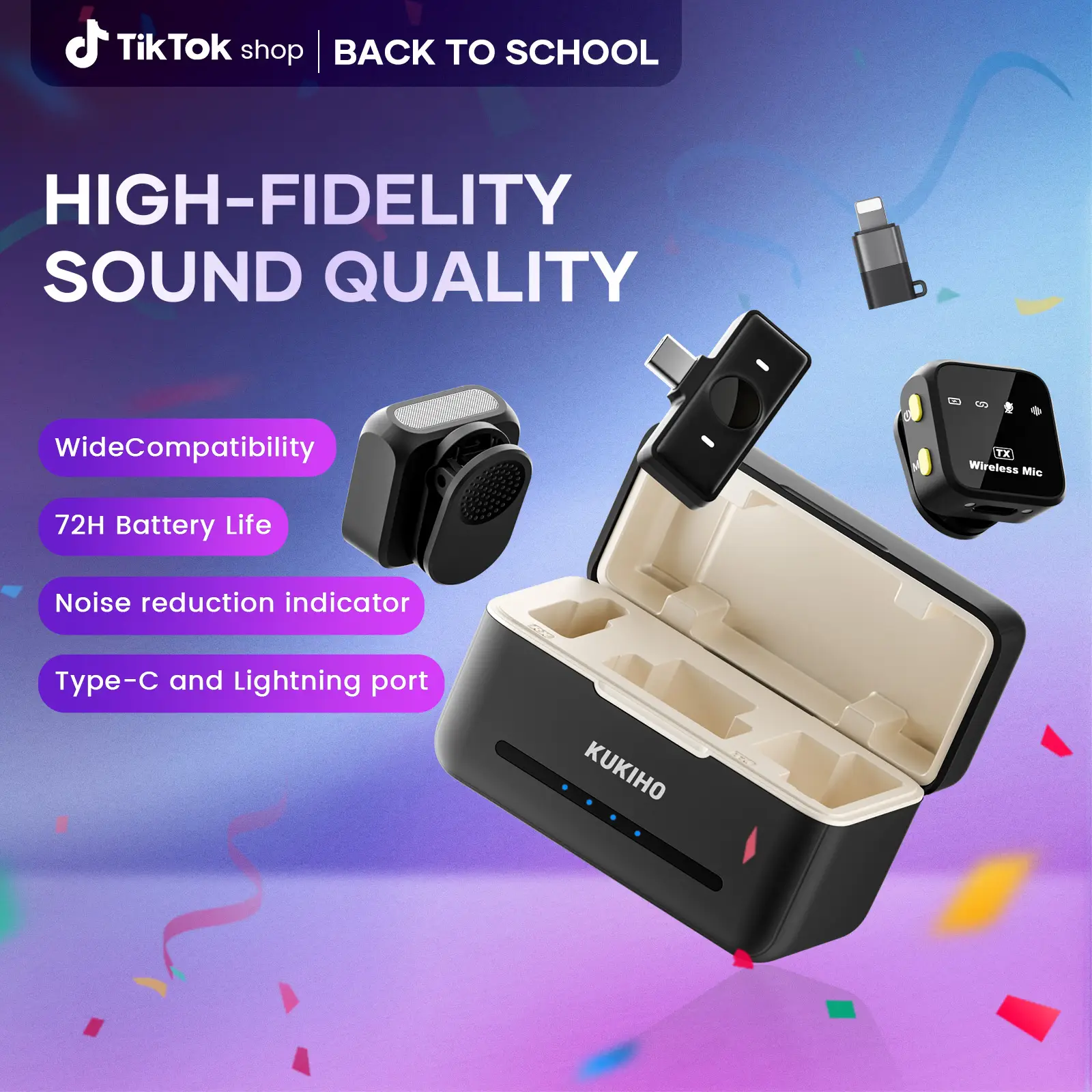 KUKIHO Wireless Lavalier Microphone with Charging Case – 164ft Range, 72H Battery – for iPhone, Android, iPad, Laptop – Clip-on Mic for Video, Intervi