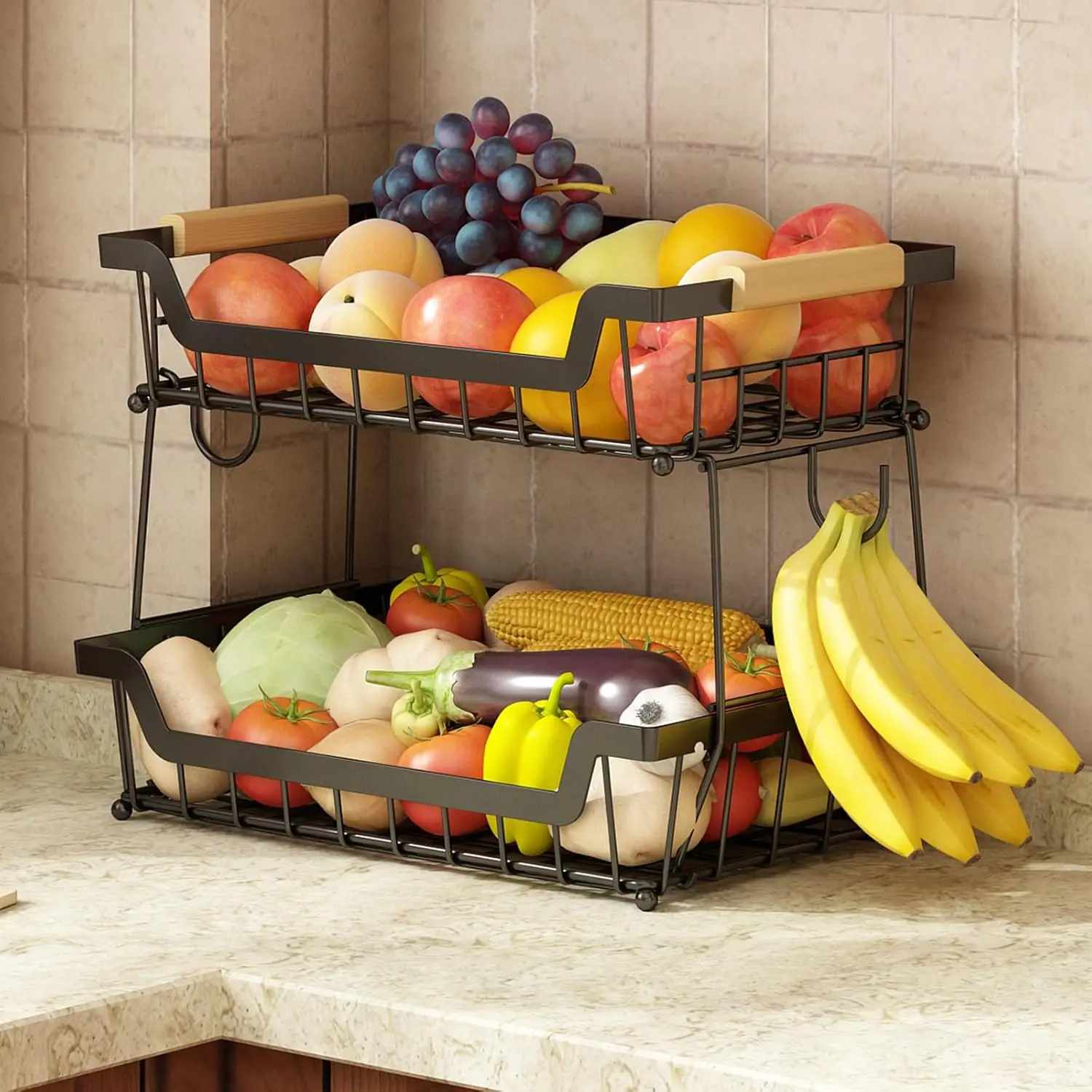[New deal] 2 Tier Countertop Fruit Basket with 2 Banana Hangers for Kitchen, Detachable Metal Organizer with Large Capacity , Black Wooden Storage Rack Cabinet Storage Unit, Storage Basket, Room Organizer