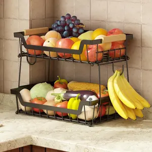 [New deal] 2 Tier Countertop Fruit Basket with 2 Banana Hangers for Kitchen, Detachable Metal Organizer with Large Capacity , Black Wooden