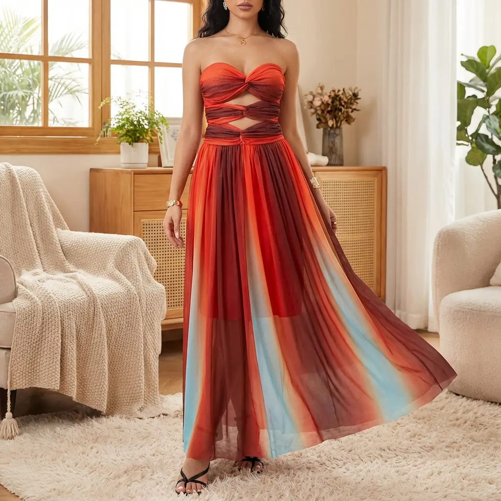 Women Summer Long Bandeau Dress Sleeveless Off Shoulder Front Cutout Rainbow Tube Top Dress