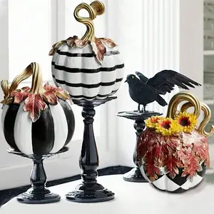 Elegant Plaid Pumpkin Decoration with Gold Accents, Resin Autumn Table Centerpiece for Thanksgiving & Halloween Decor, Seasonal Theme