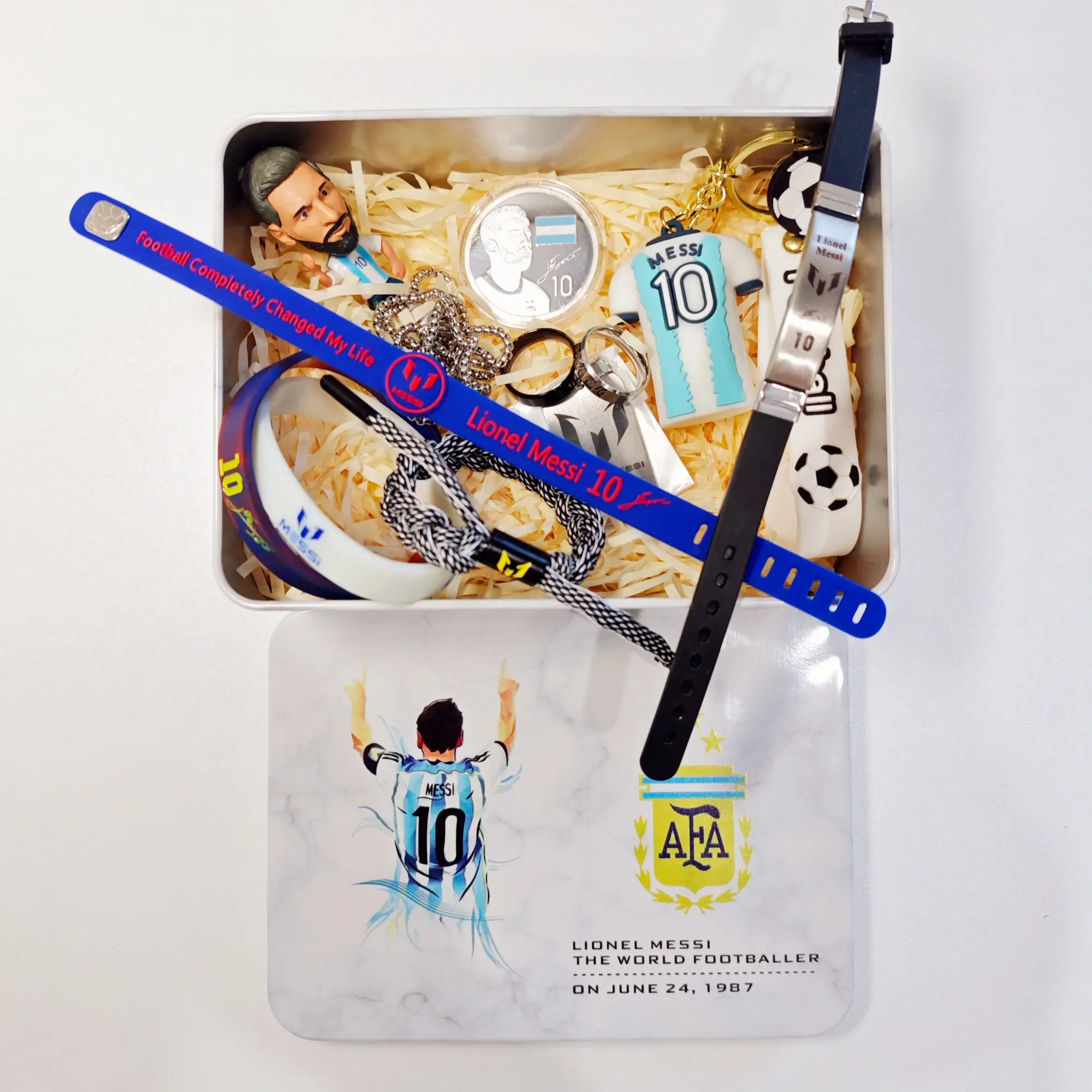 LM10 GOAT No.10 Soccer League Fan Gear 13-Piece Accessories Gift Set - Premium Sports Wearable Bundle with Figure, Coin, Necklace, Rings, Keychain & Wristbands Fanatic Leo Messi