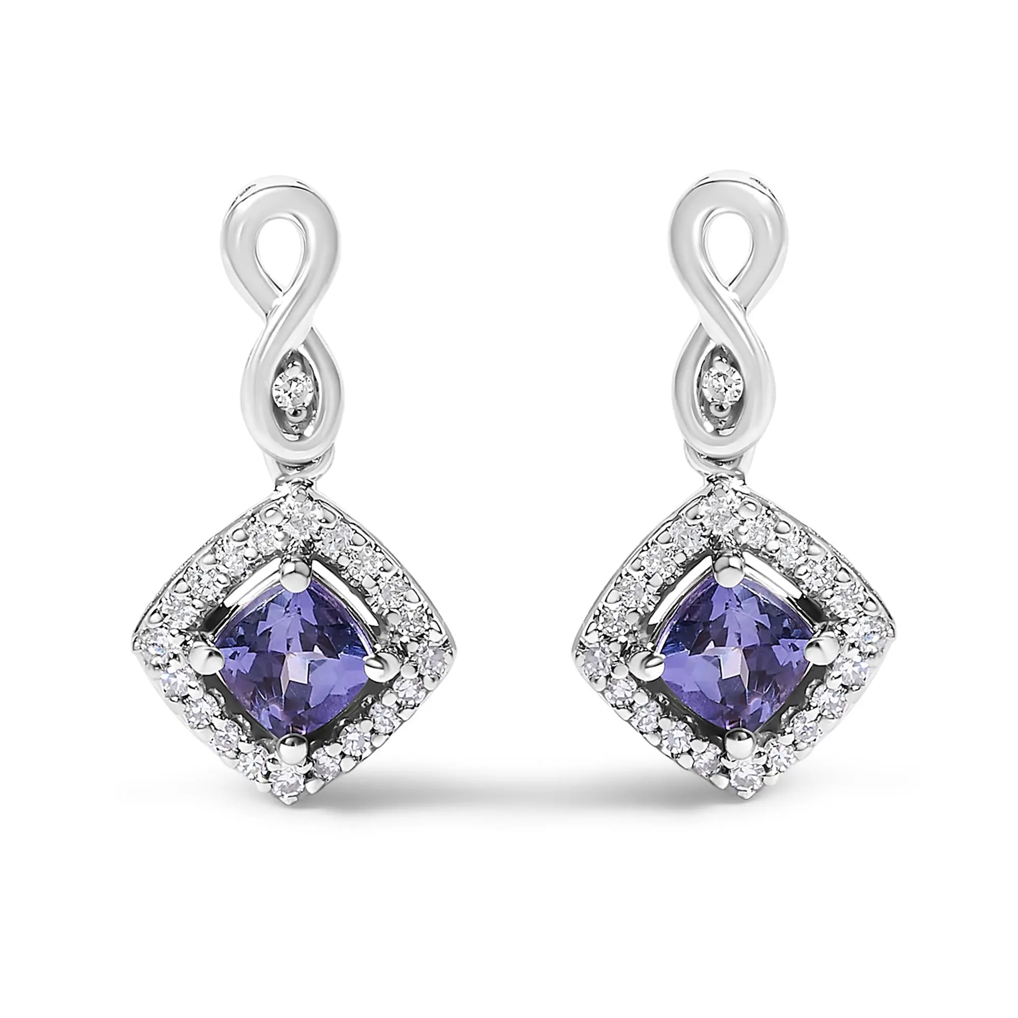 10K White Gold Blue Purple Tanzanite and Diamond Halo Cushion Shaped Drop Earrings (I-J Color, I1-I2 Clarity)
