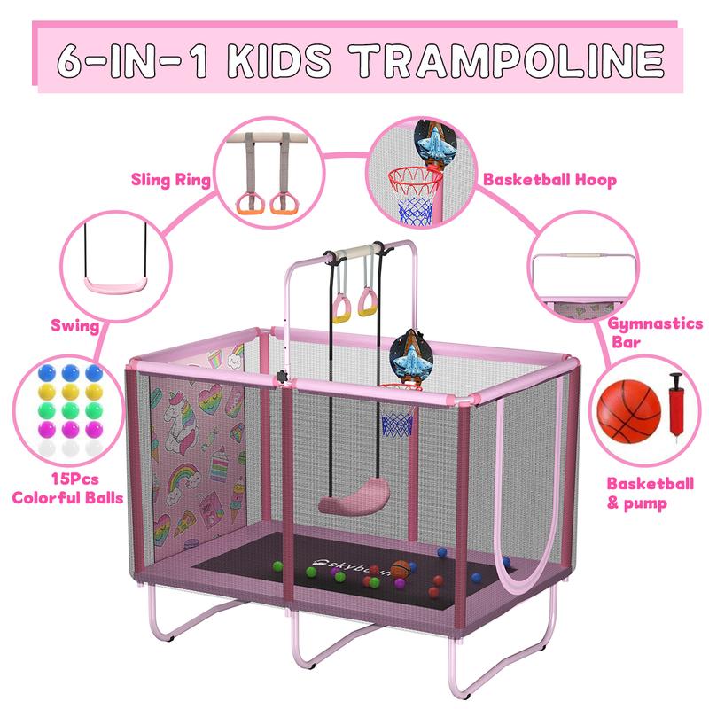 Skybound Rectangle Trampoline for Kids with Basketball Hoop, 36*55'' Indoor Outdoor Toddler Trampoline with Enclosure Net, Swing,  Ring, Ocean Balls, Small Trampoline Gift for Boys Girls, Best Gift for Kids