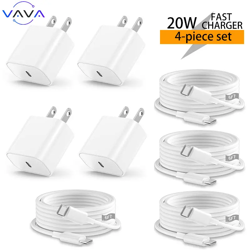 4-Pack 20W Super Fast USB-C Charger with 6FT Type-C Cable – High-Speed Charging Block, Compatible with iPhone 15/16/17, iPad Pro/Air/Mini, and All USB-C Phones. Perfect Portable Travel Charging Adapter.